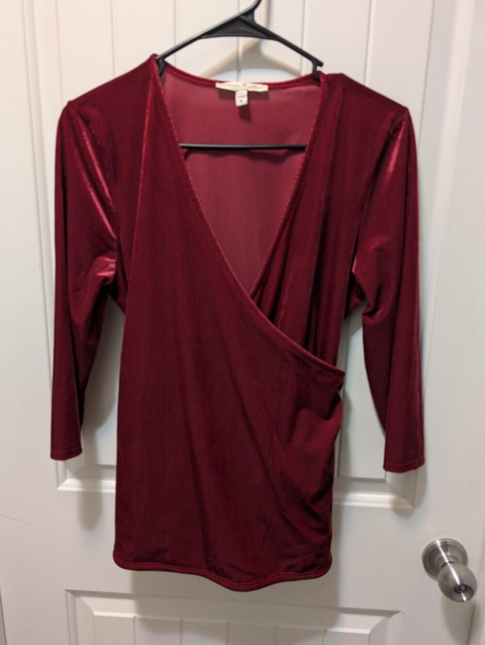 Express Red Velour Dressy Casual Wine Colored Blouse Wrap Top Tie Back Size L